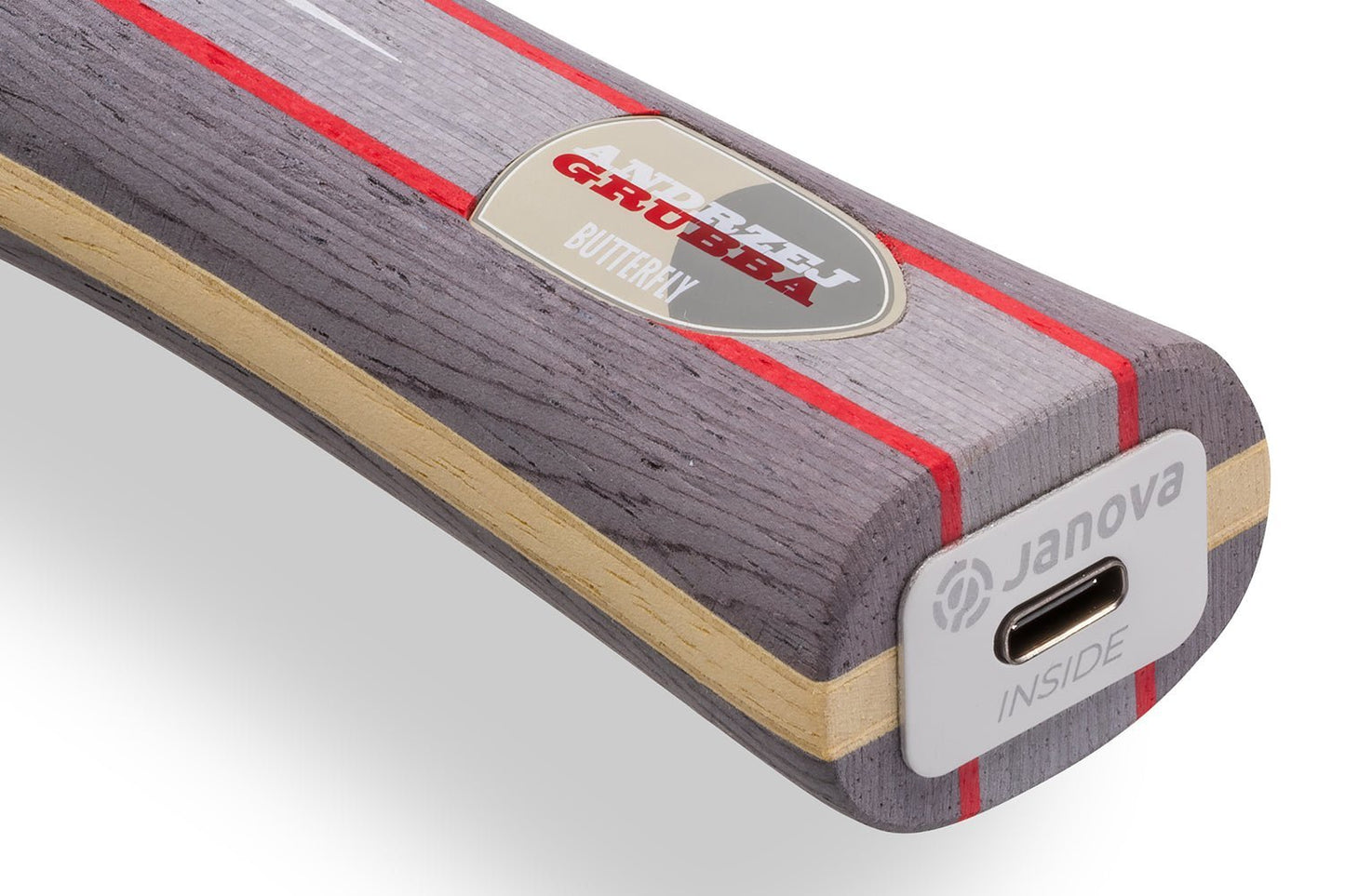 Butterfly Andrzej Grubba Allround Tischtennisschläger, Detailansicht konkaves Griffende mit Janova Sensor und USB-C