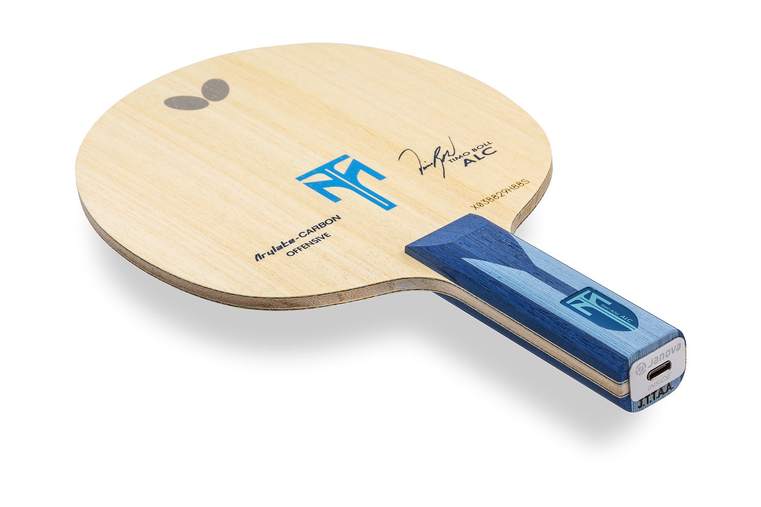 BUTTERFLY Timo Boll ALC Tischtennisschläger, gerader Griff mit Janova Sensor und USB-CAnschluss, vor weißem Hintergrund positioniert