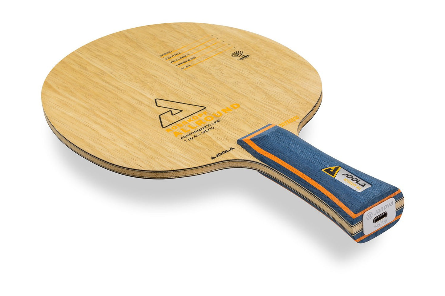 Joola Rosskopf Tischtennisschläger, konkaver Griff mit Janova Sensor und USB-CAnschluss, vor weißem Hintergrund positioniert
