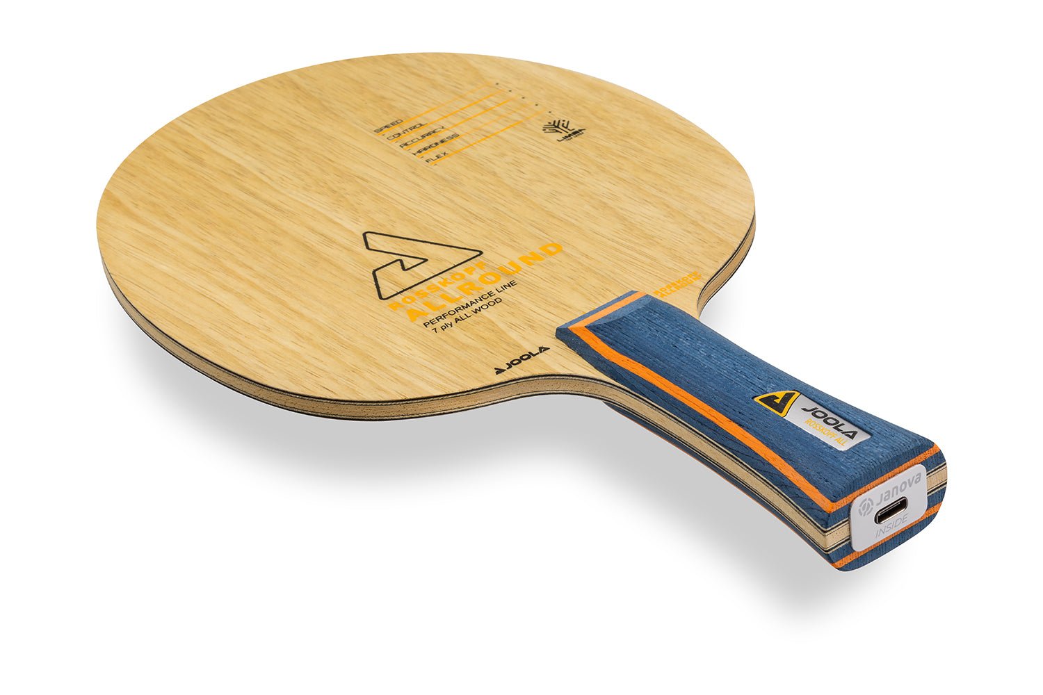 Joola Rosskopf Tischtennisschläger, konkaver Griff mit Janova Sensor und USB-CAnschluss, vor weißem Hintergrund positioniert