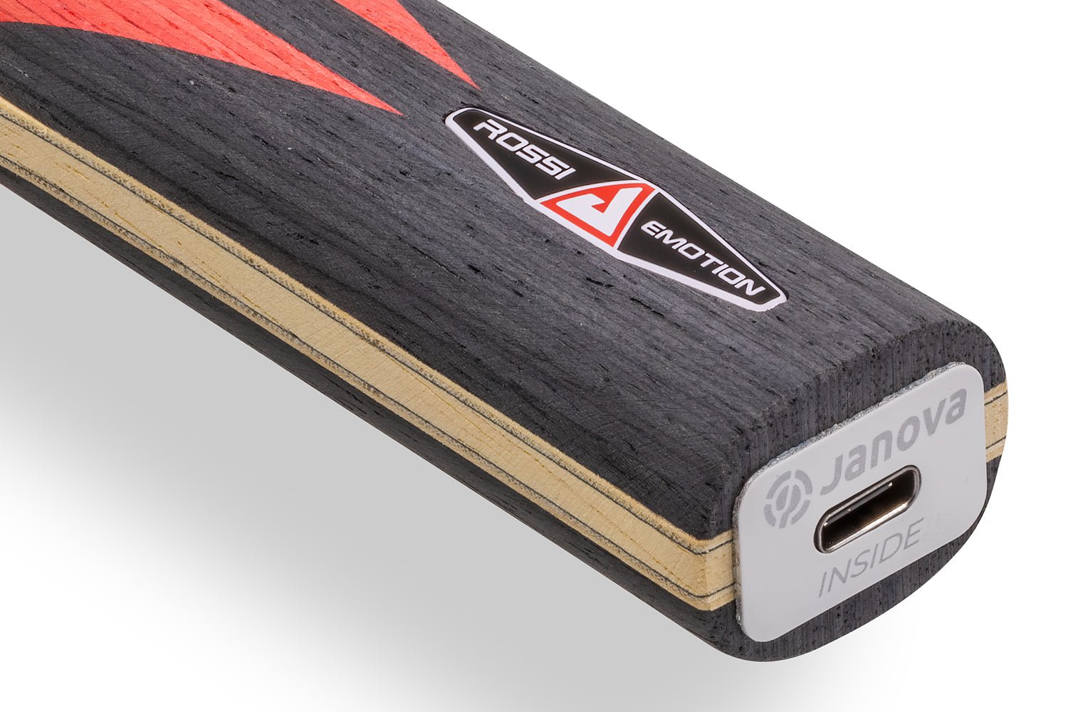 Joola Rossi Tischtennisschläger, Detailansicht gerades Griffende mit Janova Sensor und USB-C