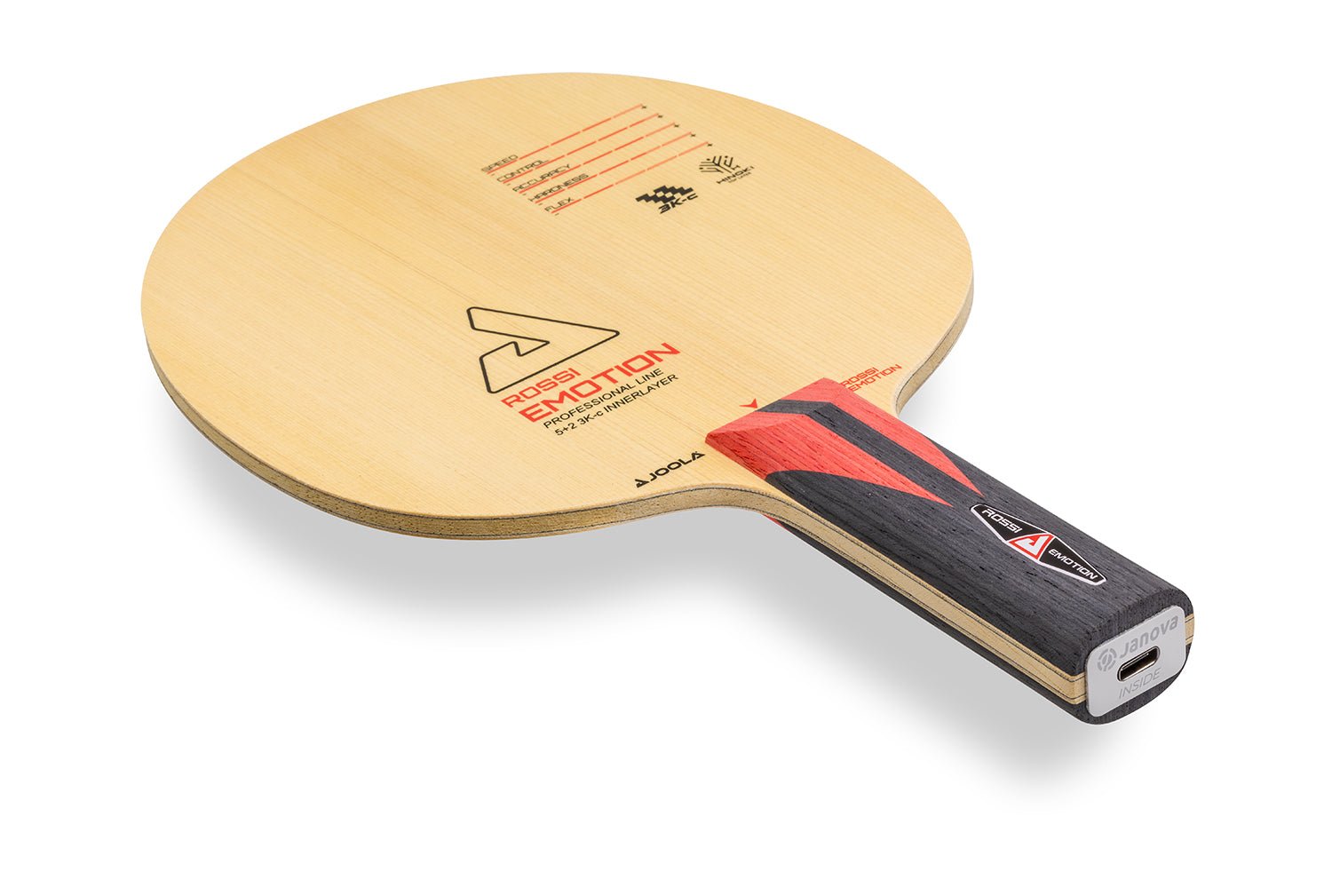 Joola Rossi Emotion Tischtennisschläger, gerader Griff mit Janova Sensor und USB-CAnschluss, vor weißem Hintergrund positioniert