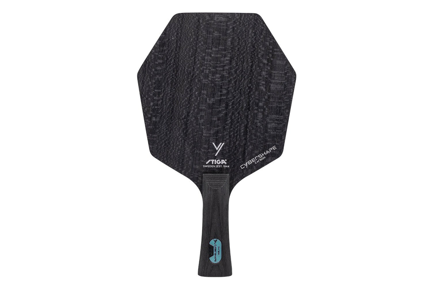 Stiga Cybershape Carbon Tischtennisschläger mit konkavem Griff, vor weißem Hintergrund