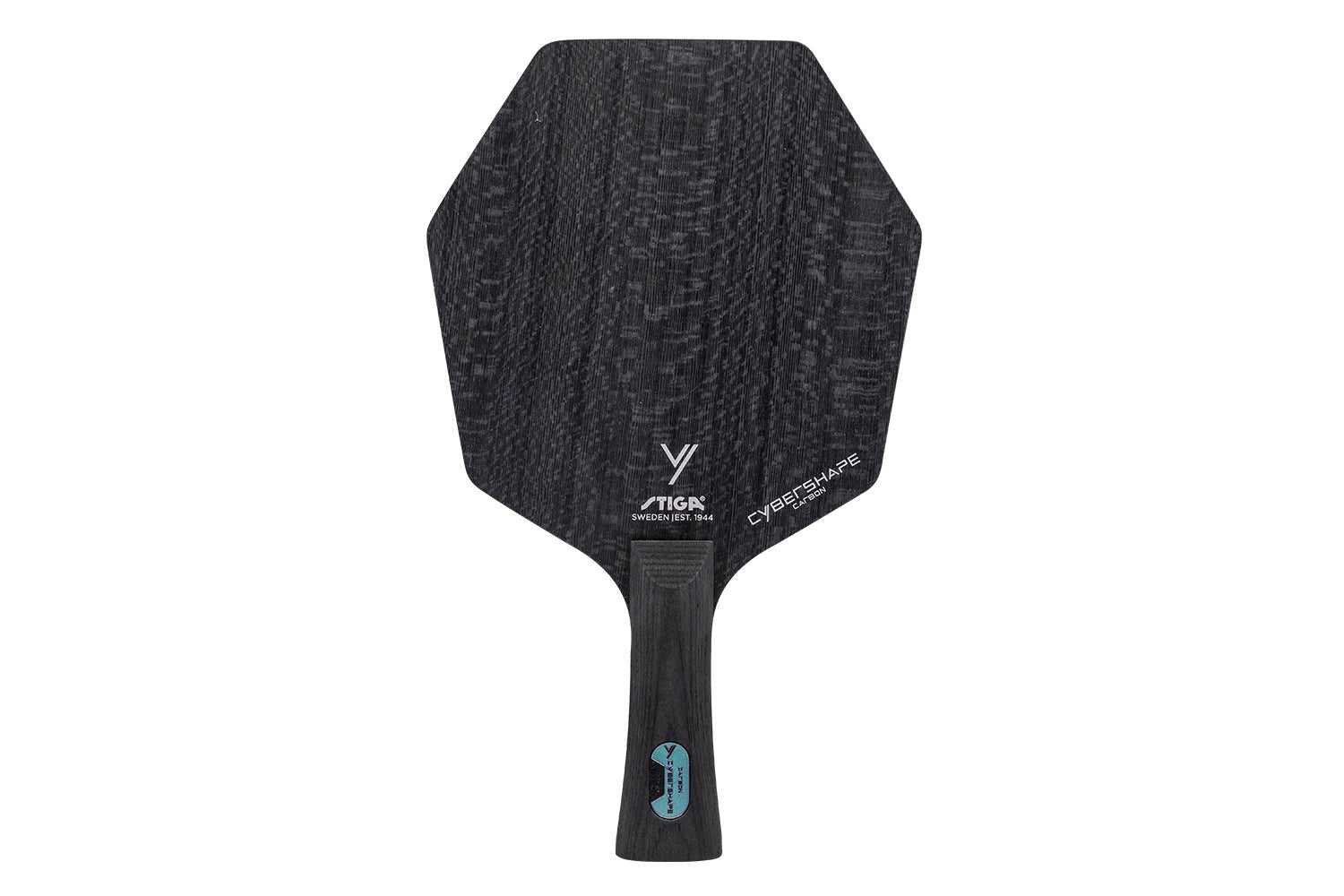 Stiga Cybershape Carbon Tischtennisschläger mit konkavem Griff, vor weißem Hintergrund