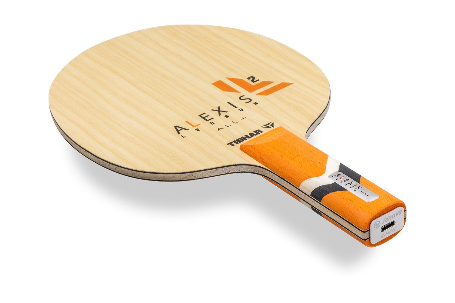 Tibhar Alexis Lebrun All+ Tischtennisschläger, gerader Griff mit Janova Sensor und USB-C-Anschluss, vor weißem Hintergrund positioniert