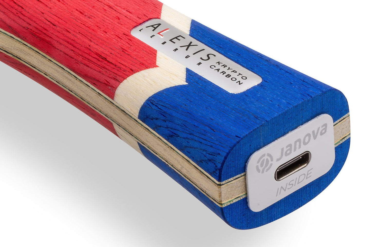 Tibhar Alexis Lebrun Krypto Carbon Tischtennisschläger, Detailansicht konkaves Griffende mit Janova Sensor und USB-C