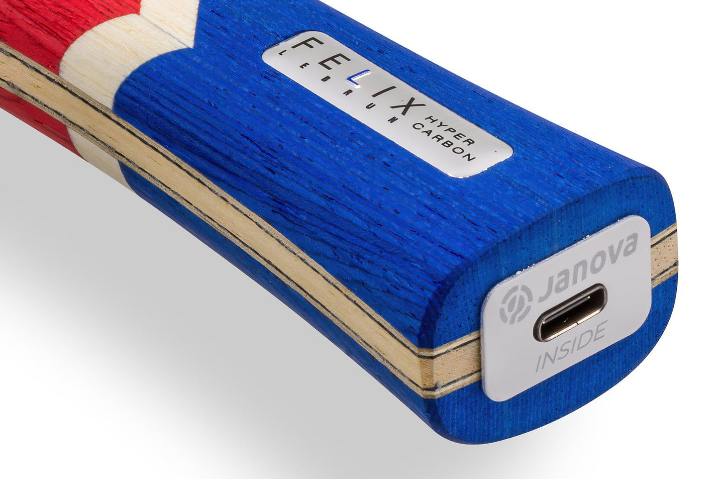 Tibhar Félix Lebrun Hyper Carbon Tischtennisschläger, Detailansicht konkaves Griffende mit Janova Sensor und USB-C