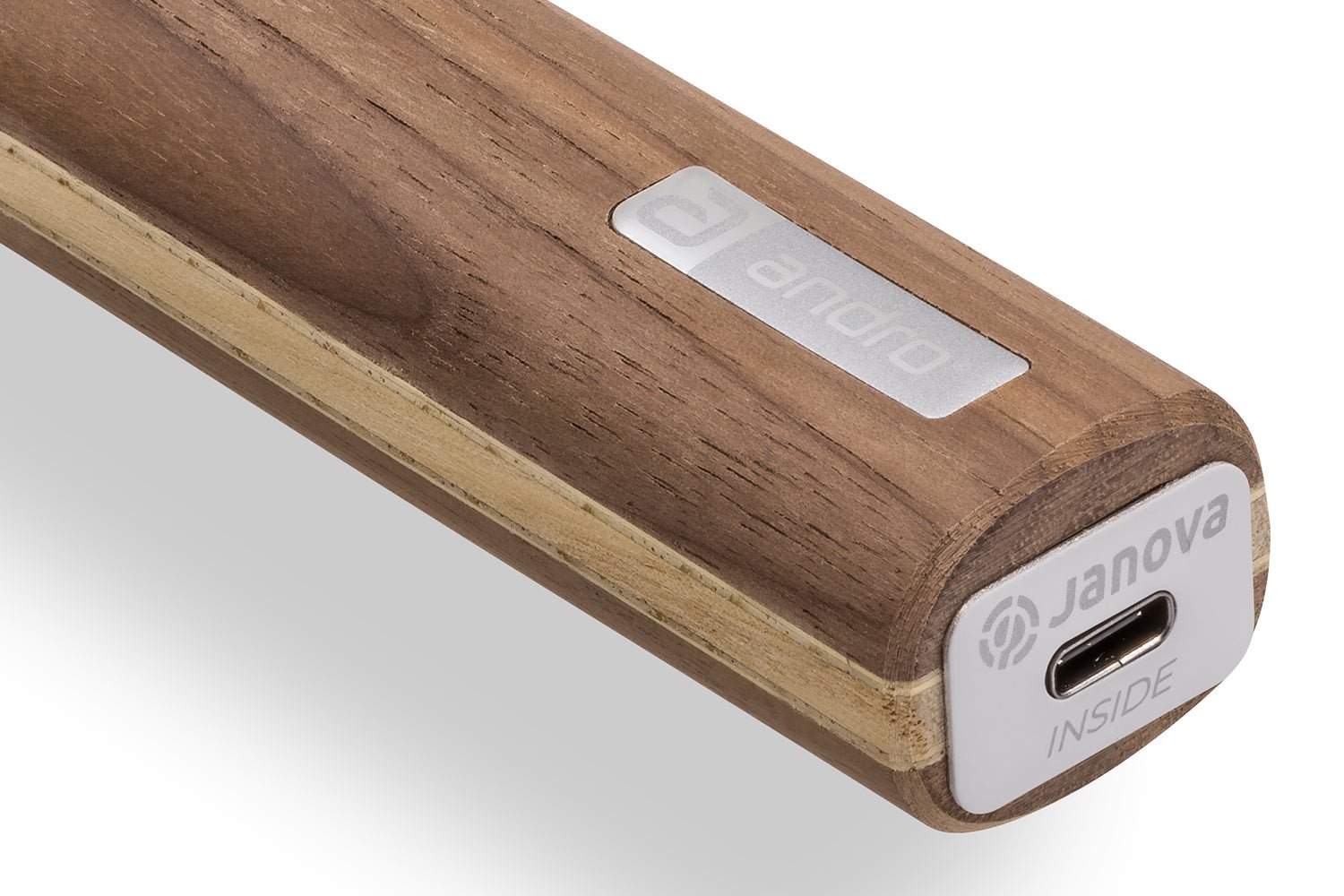 andro TP Ligna ALL Tischtennisschläger, Detailansicht konkaves Griffende mit Janova Sensor und USB-C