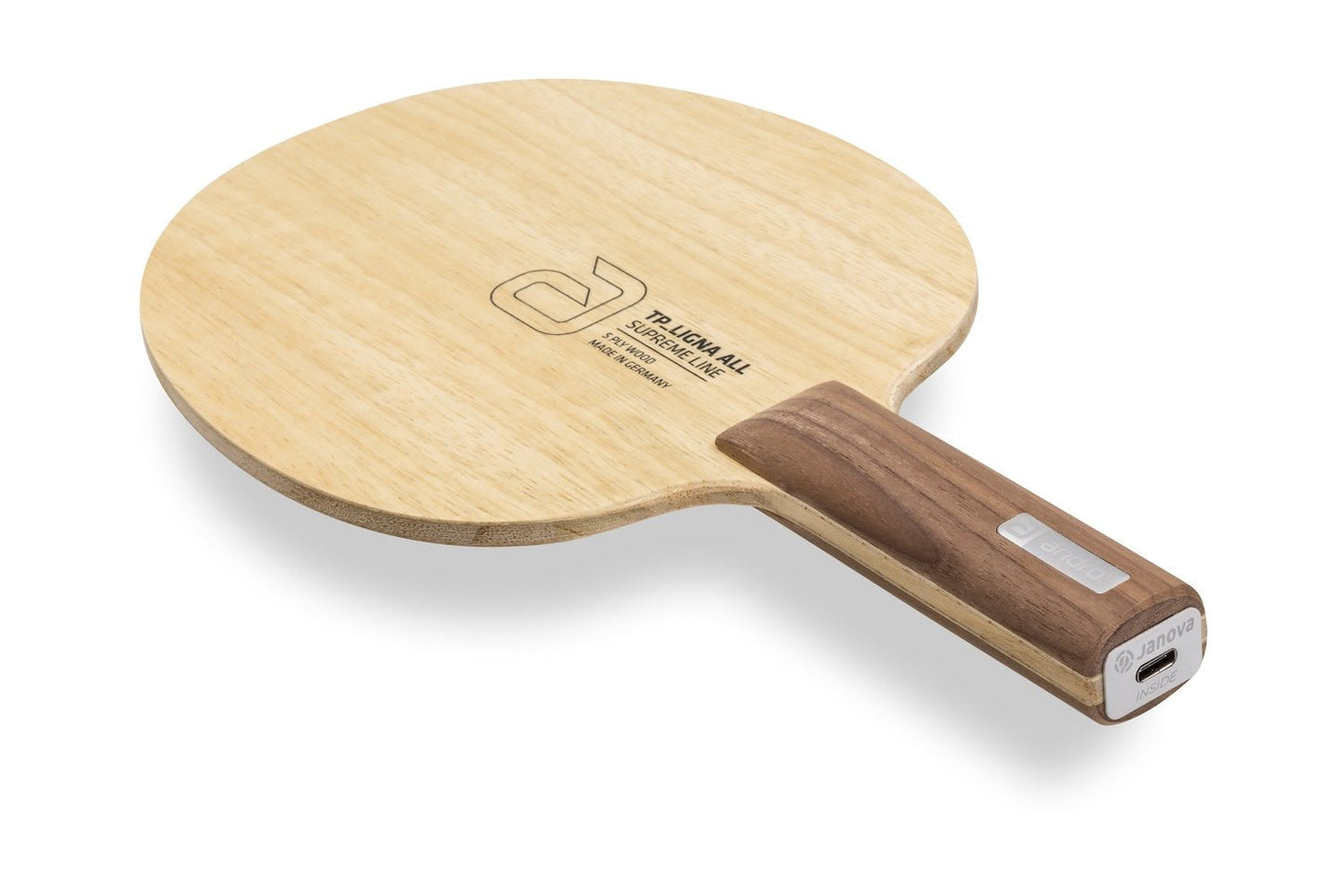 andro TP Ligna All Tischtennisschläger, gerader Griff mit Janova Sensor und USB-CAnschluss, vor weißem Hintergrund positioniert