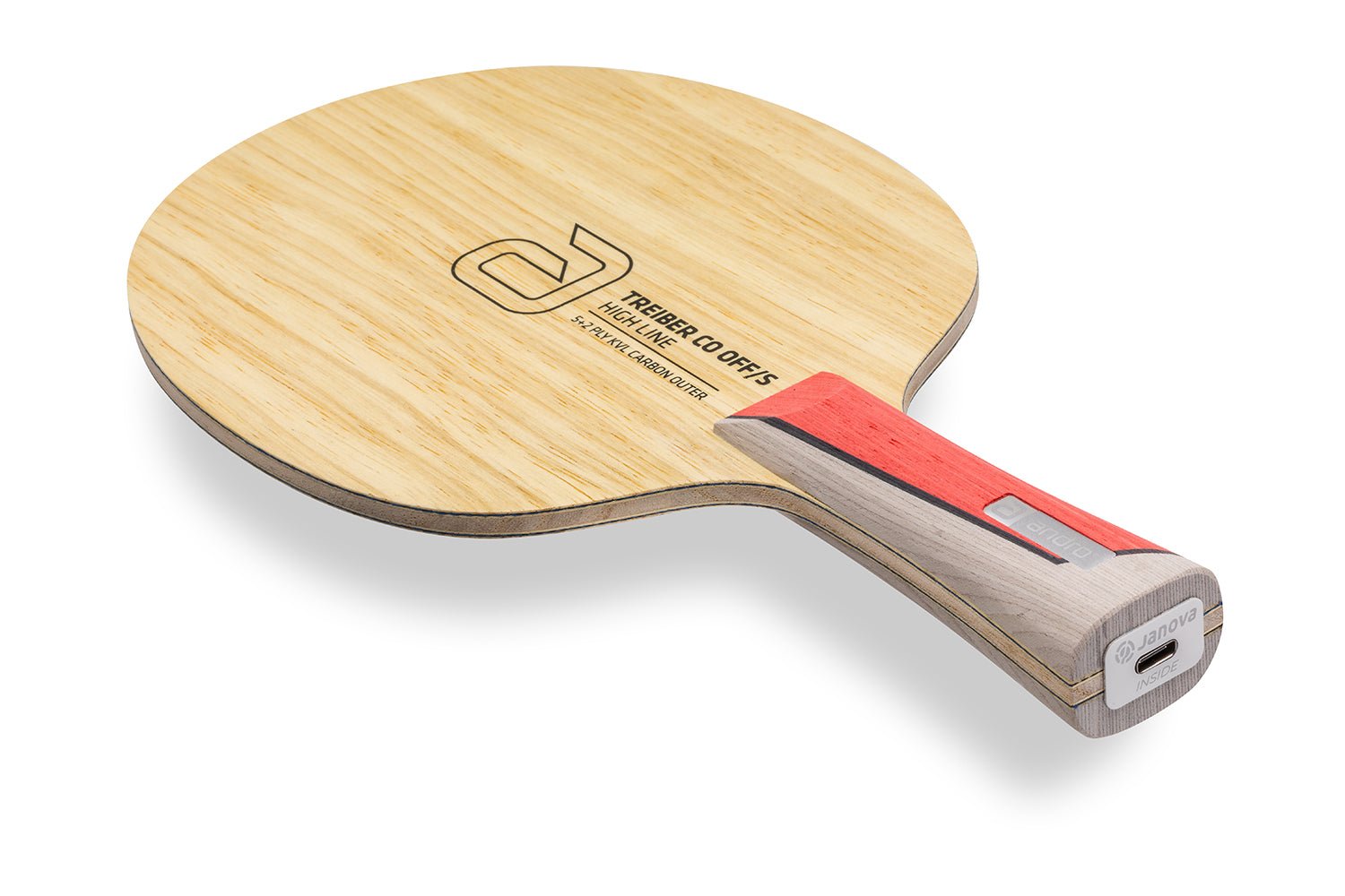 andro Treiber CO OFF/S Tischtennisschläger, konkaver Griff mit Janova Sensor und USB-CAnschluss, vor weißem Hintergrund positioniert