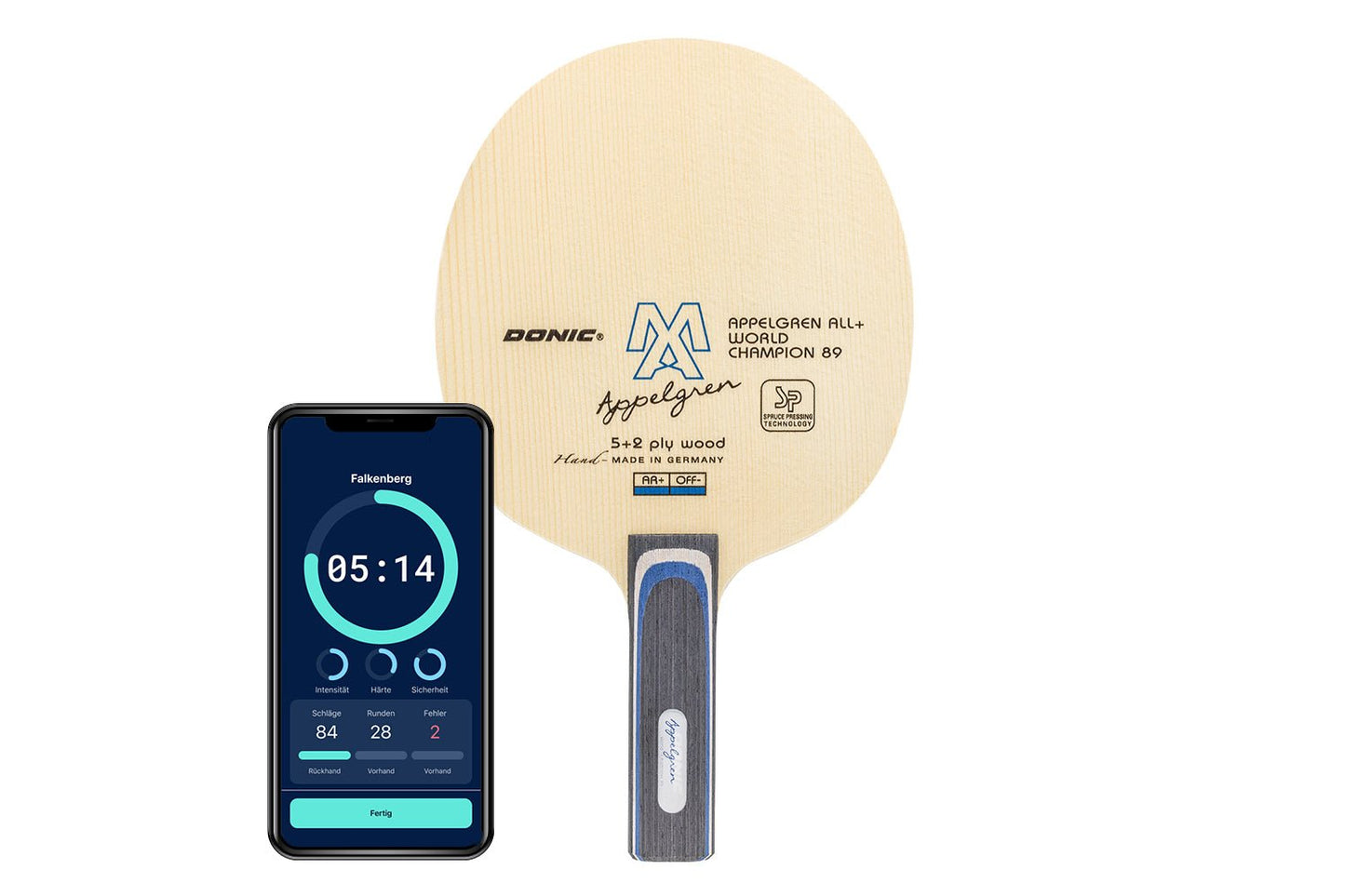 Donic Appelgren All+ Weltmeister 89 Tischtennisschläger mit geradem Griff und Smartphone zeigt Daten des Schlägers vor weißem Hintergrund