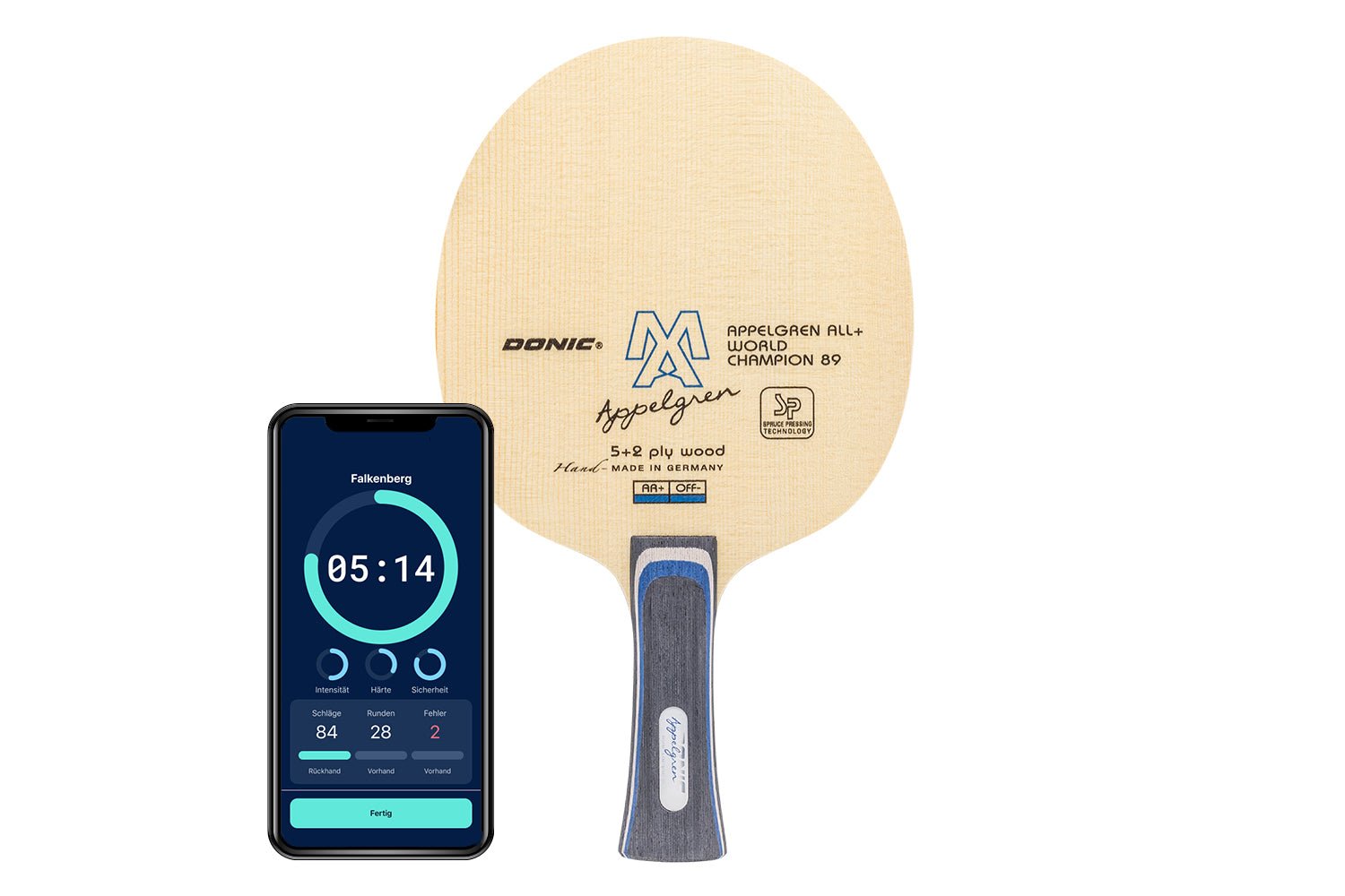 Donic Appelgren All+ Weltmeister 89 Tischtennisschläger mit konkaven Griff und Smartphone zeigt Daten des Schlägers vor weißem Hintergrund