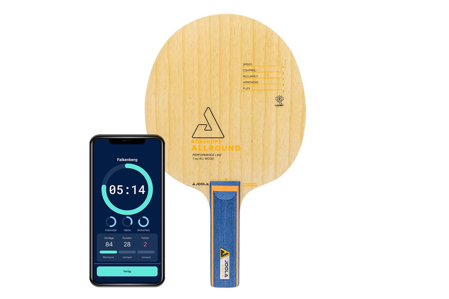 Joola Rosskopf Tischtennisschläger mit geradem Griff und Smartphone zeigt Daten des Schlägers vor weißem Hintergrund